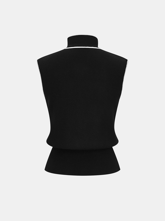Color-blocked trim tie-neck sweater vest