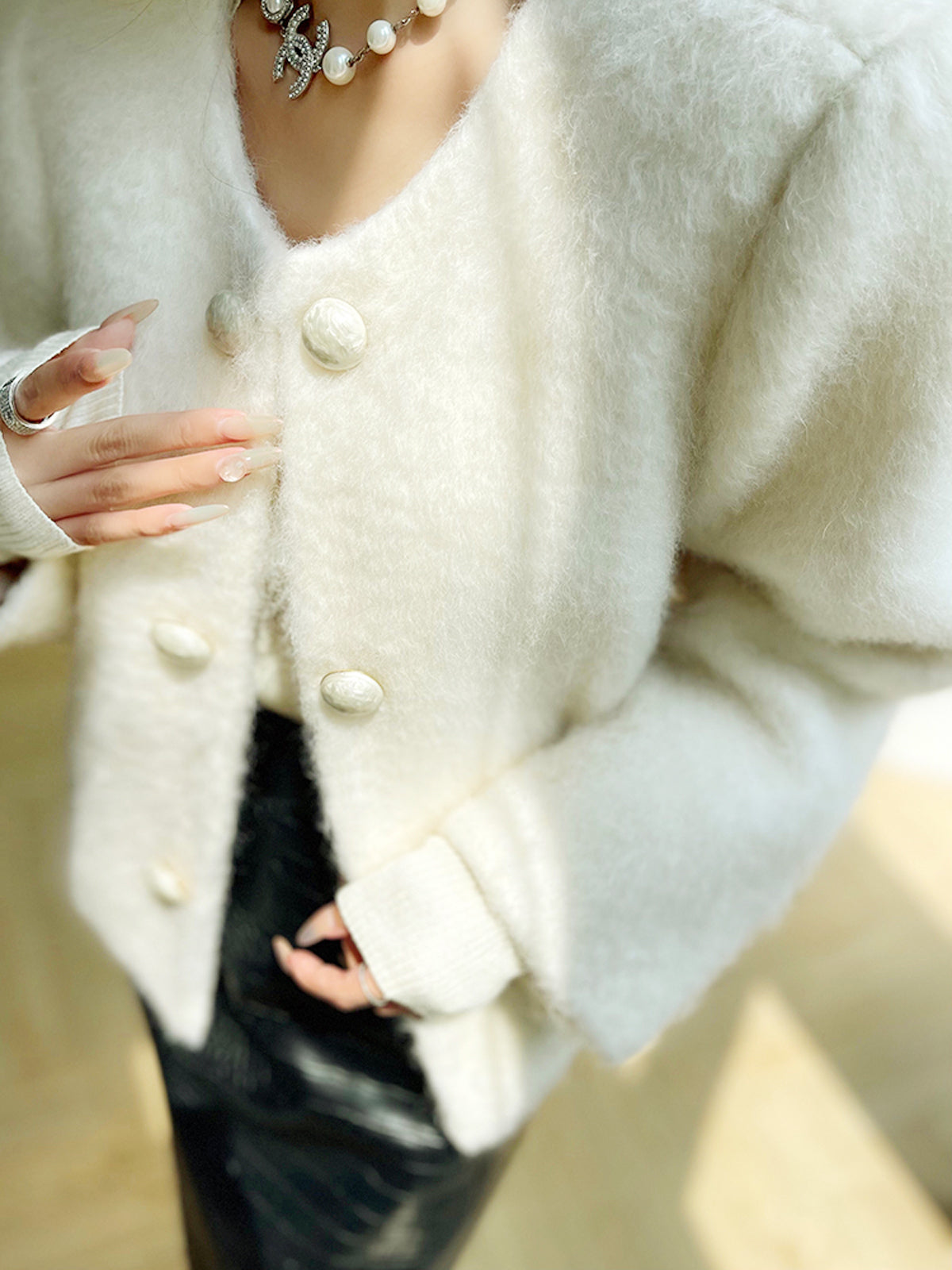 Plush button short wool coat