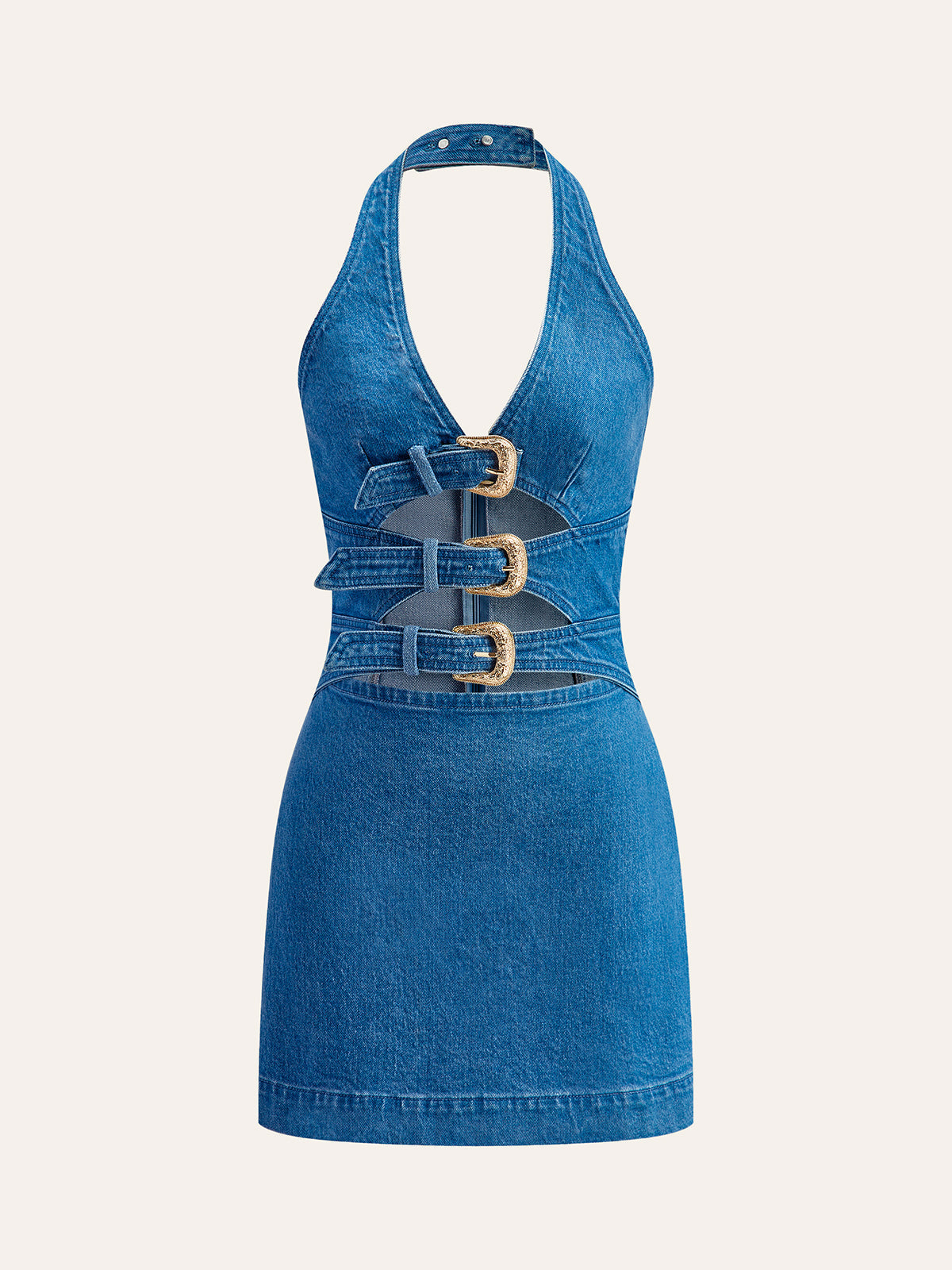 Women's Denim Dress — Halter Neck Buckle Detail
