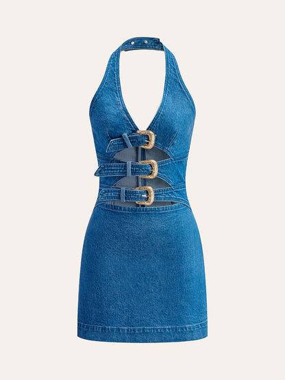 Women's Denim Dress — Halter Neck Buckle Detail