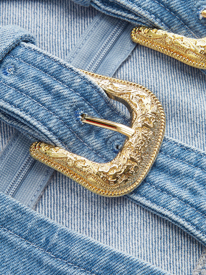 Women's Denim Dress — Halter Neck Buckle Detail