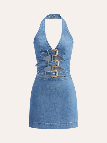 Women's Denim Dress — Halter Neck Buckle Detail