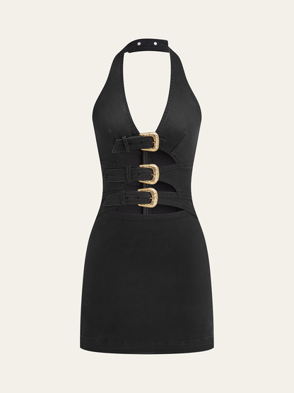 Women's Denim Dress — Halter Neck Buckle Detail