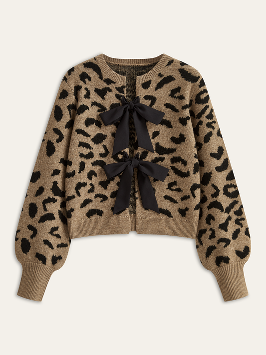 Leopard print knit top with bow