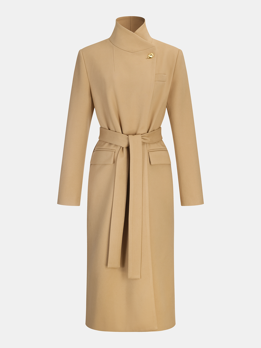 Long coat with stand-up collar and metal buttons
