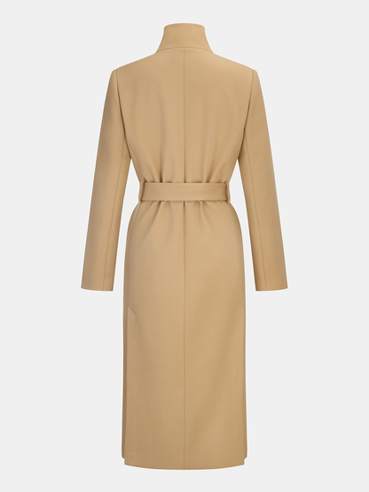 Long coat with stand-up collar and metal buttons
