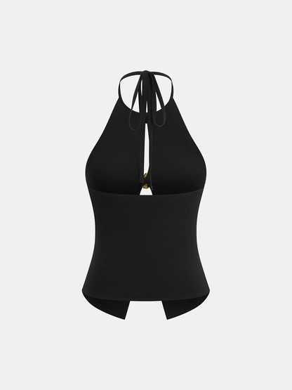 Women's Cut-Out Knit Halter Top — Floral Button Detail