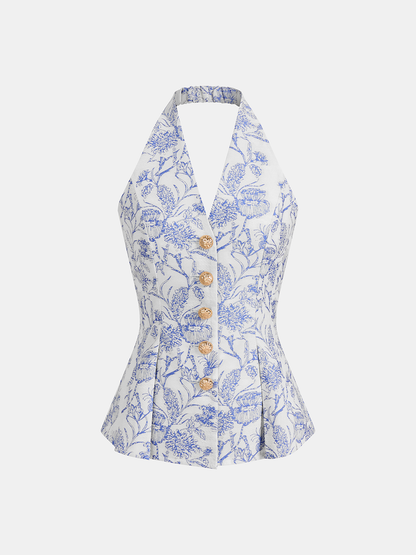 Women's Halter Vest Top — Floral Print Button-Front Design