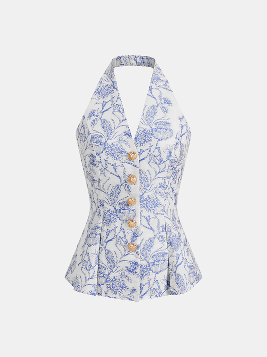 Women's Halter Vest Top — Floral Print Button-Front Design