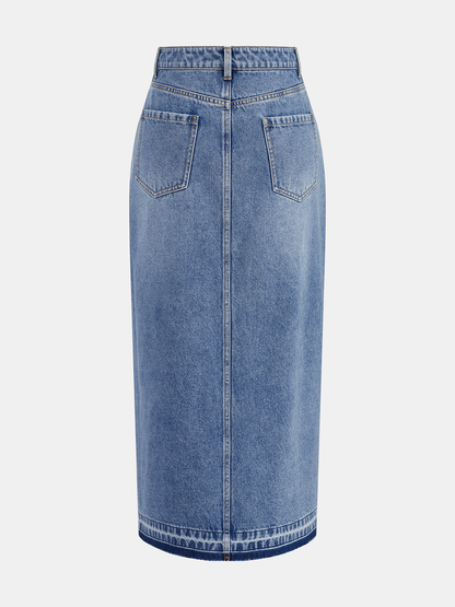 Denim Midi Skirt — Asymmetric Slit Detail
