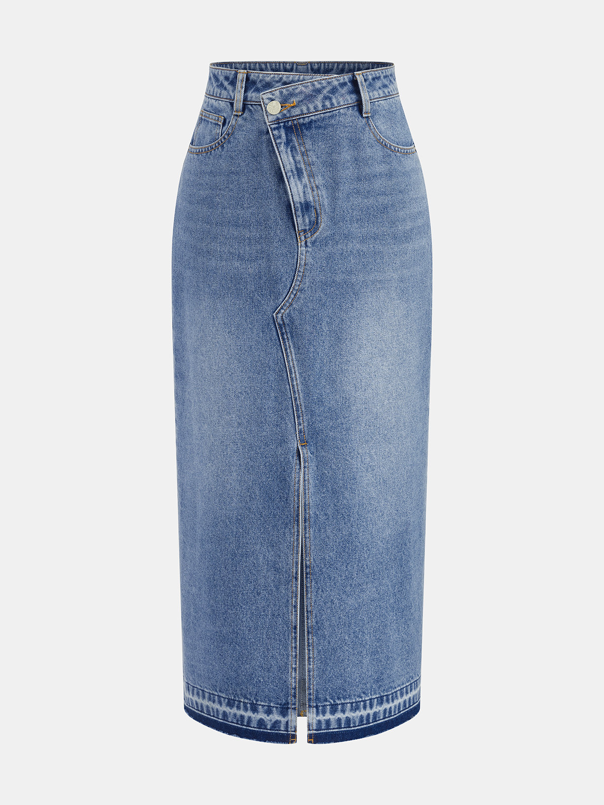 Denim Midi Skirt — Asymmetric Slit Detail