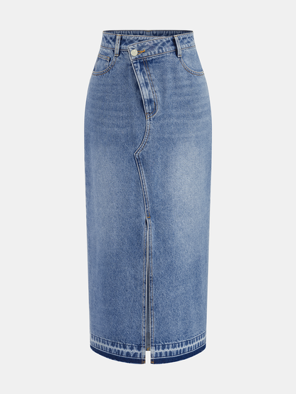 Denim Midi Skirt — Asymmetric Slit Detail