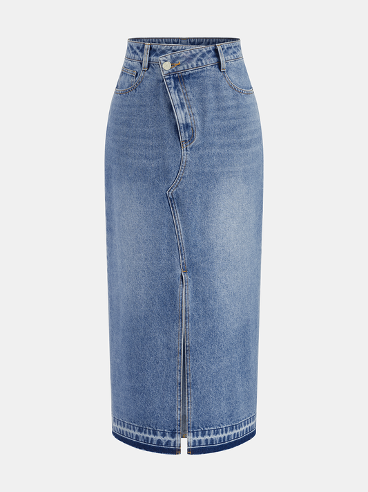 Denim Midi Skirt — Asymmetric Slit Detail
