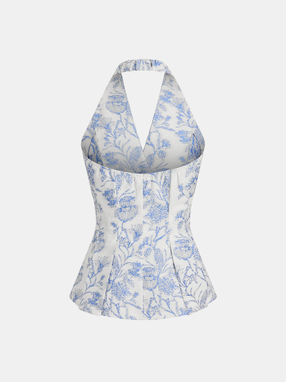 Women's Halter Vest Top — Floral Print Button-Front Design
