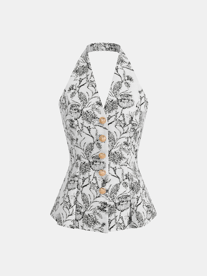 Women's Halter Vest Top — Floral Print Button-Front Design