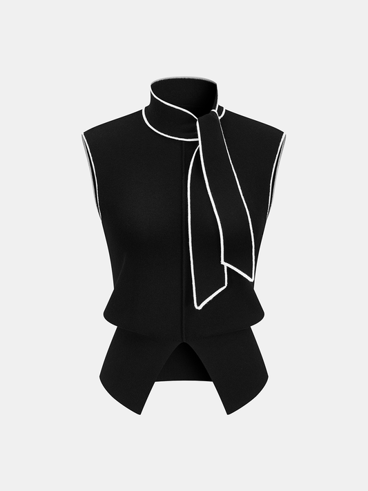 Color-blocked trim tie-neck sweater vest
