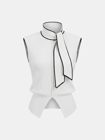 Color-blocked trim tie-neck sweater vest